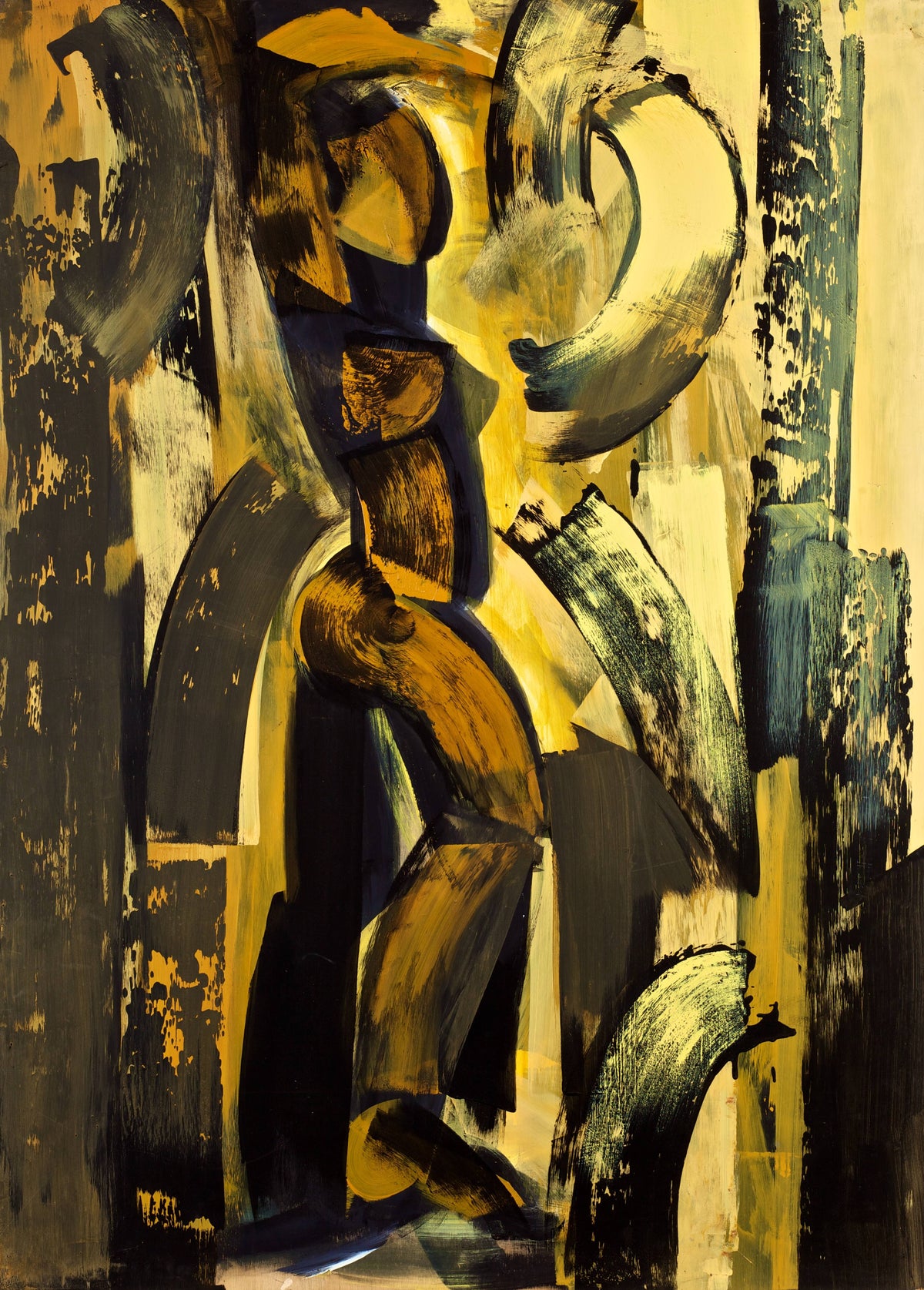 Painting on plywood, portrait format, with a central column of stacked black, amber, and brown arc and ring forms between two dark vertical bands, on a golden-ochre ground.