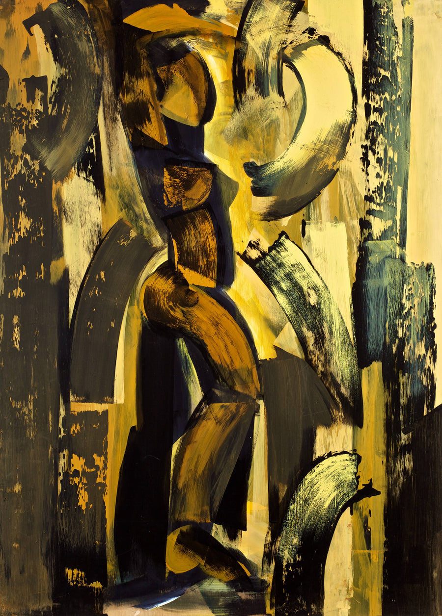 Painting on plywood, portrait format, with a central column of stacked black, amber, and brown arc and ring forms between two dark vertical bands, on a golden-ochre ground.