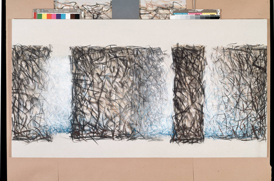 Wide panoramic drawing on white sailcloth with three dark vertical blocks separated by pale columns of light.
