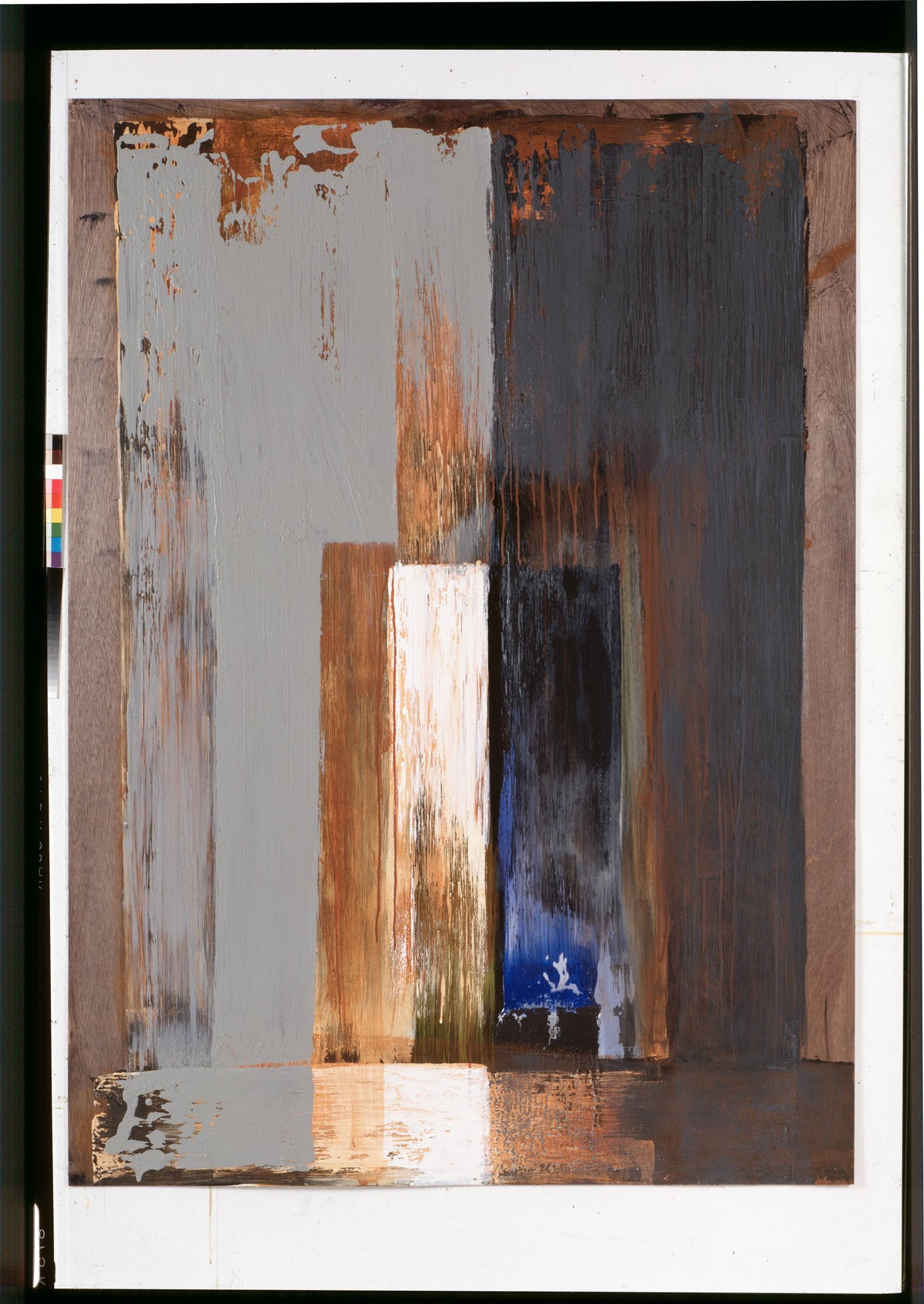 Wood panel painted in vertical bands of grey, copper-brown, off-white, black, and blue, with a pale bottom band.