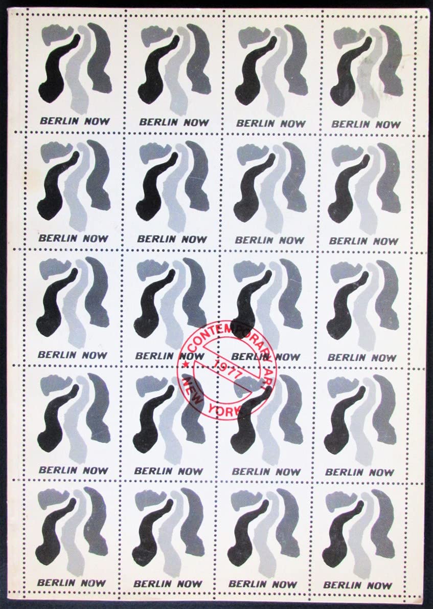 Grid of repeated BERLIN NOW stamp graphics with abstract black and gray forms and a red 1977 cancellation mark.