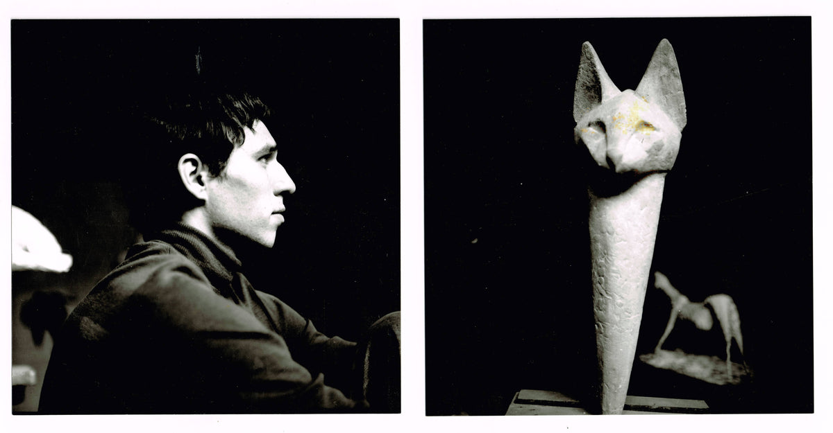 Black-and-white paired photograph showing a profile portrait of Dieter Finke on the left and a tall feline-head sculpture with a horse like sculpture behind it on the right.