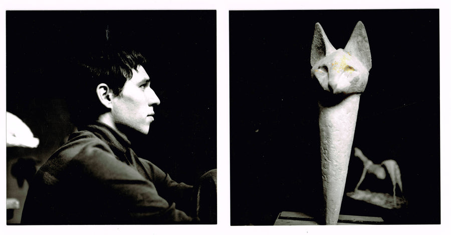 Black-and-white paired photograph showing a profile portrait of Dieter Finke on the left and a tall feline-head sculpture with a horse like sculpture behind it on the right.